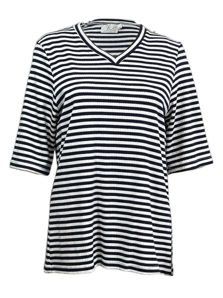 Women’s Adaptive Striped Cotton V-Neck Top – Open-Back, Short Sleeve