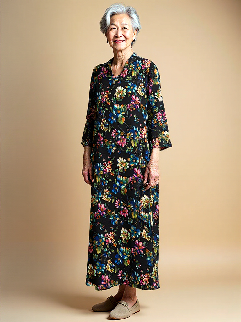 Women’s Adaptive Black Floral Dress – Open-Back, 3/4 Sleeve, V-Neck