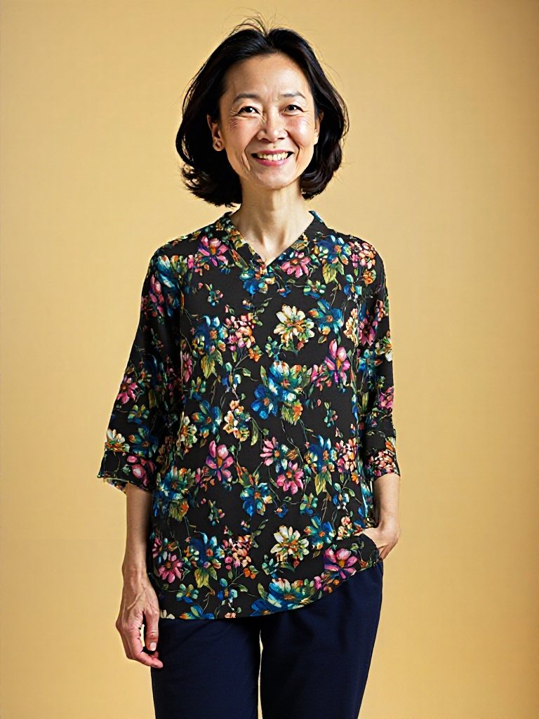 Ladies’ Adaptive V-Neck Top – Black Floral Open-Back