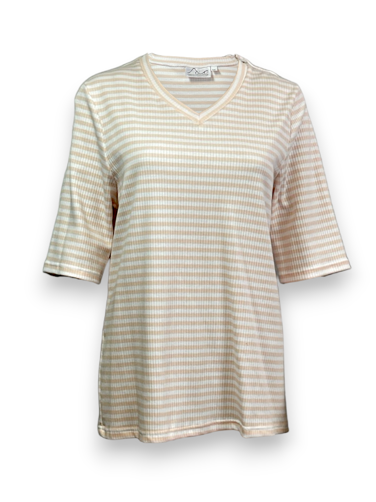 Women’s Adaptive Striped Cotton V-Neck Top – Open-Back, Short Sleeve