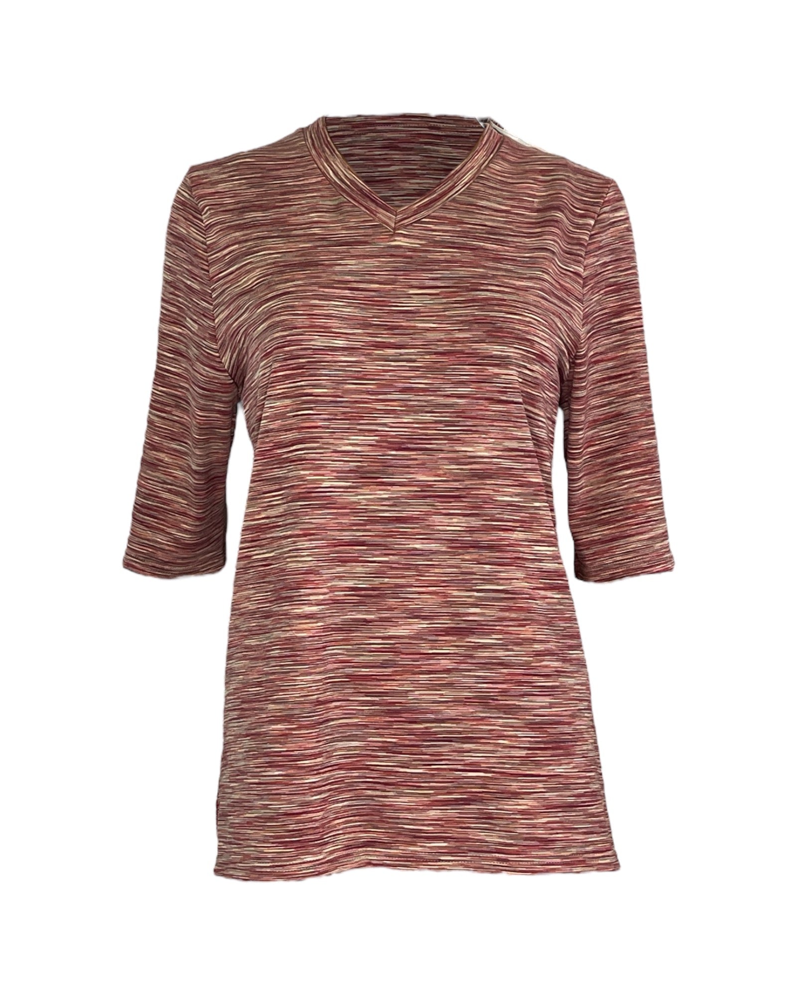 Women’s Adaptive Multi-Red V-Neck Spandex Top – Open-Back, 3/4 Sleeve