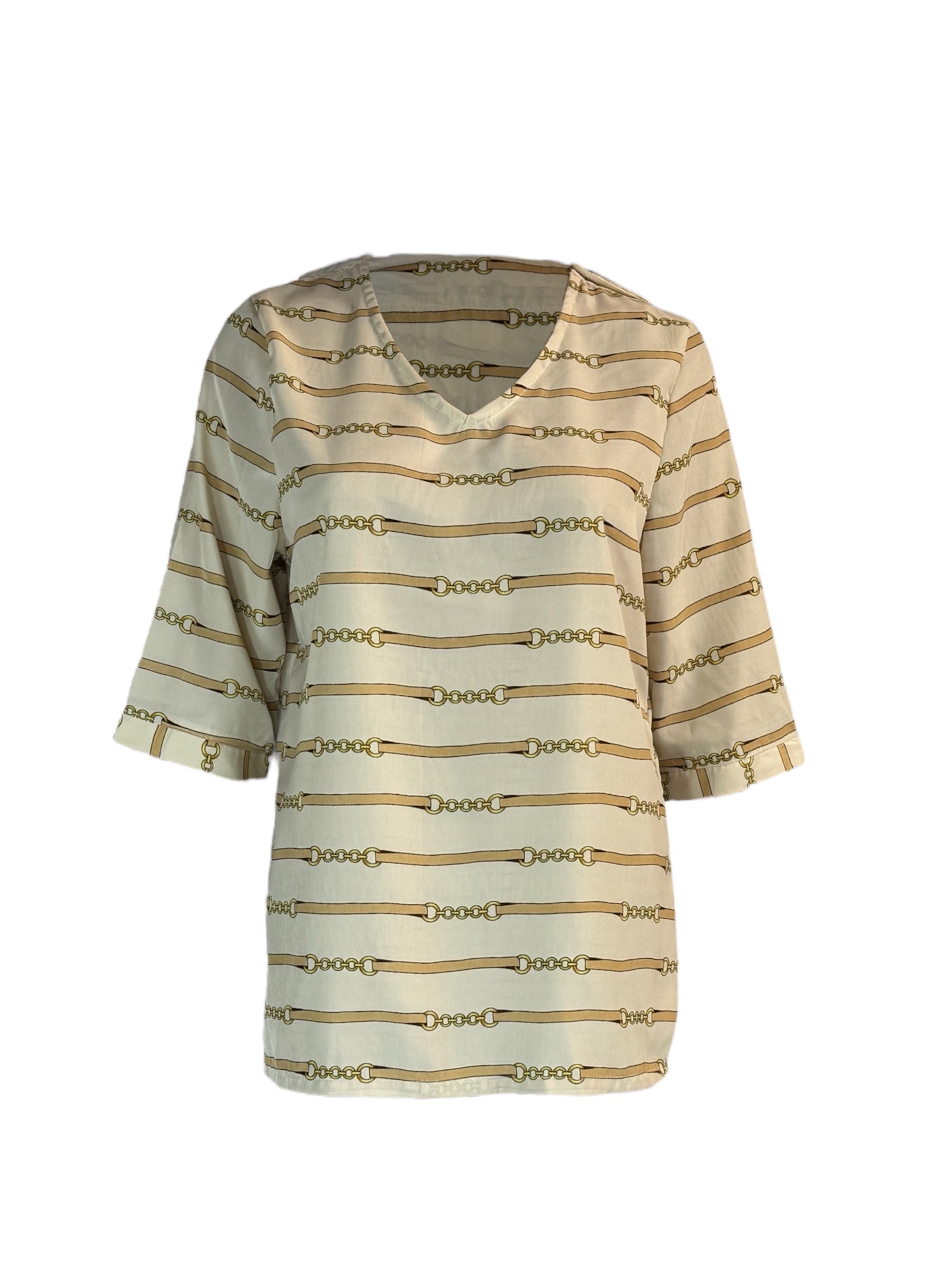 Lauren Adaptive Blouse – Beige Chain Print | Open-Back Design