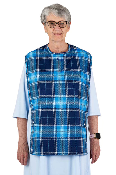 Adult Bib Waterproof Clothing Protector - Sky Blue Plaid
